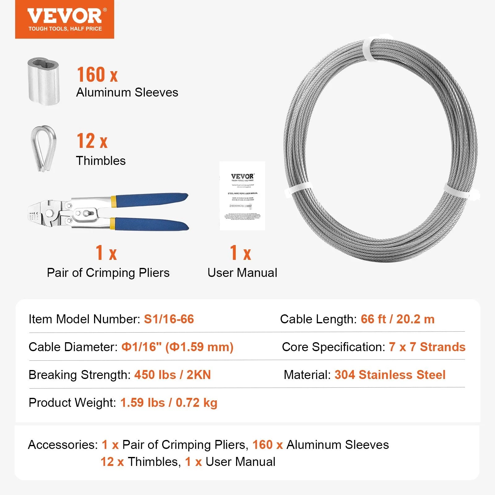 VEVOR T304 Stainless Steel Cable 1/16
