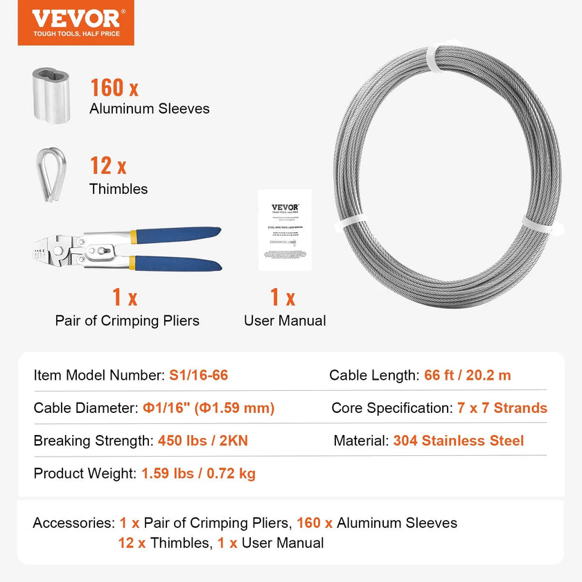 VEVOR T304 Stainless Steel Cable 1/16