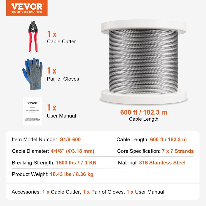 VEVOR T316 Stainless Steel Cable 1/8