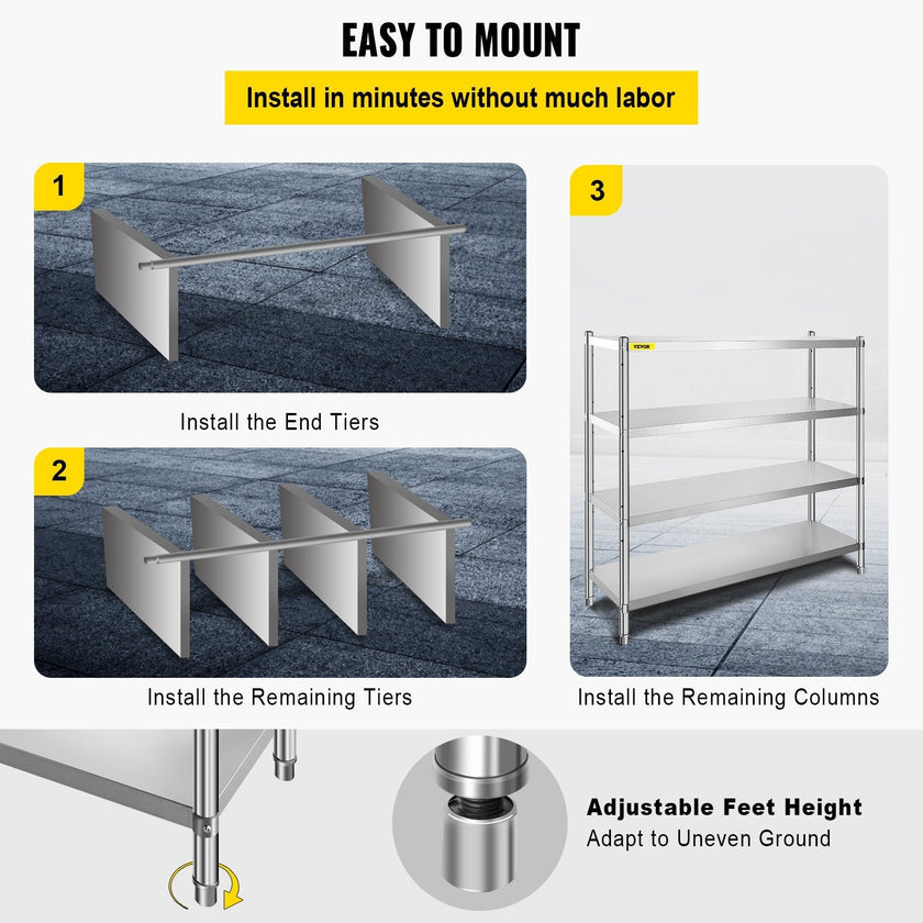 VEVOR Stainless Steel Shelving 60x18.5 Inch 4 Tier Adjustable Shelf Storage Unit Stainless Steel Heavy Duty Shelving for Kitchen Commercial Office Garage Storage 330lb Per Shelf
