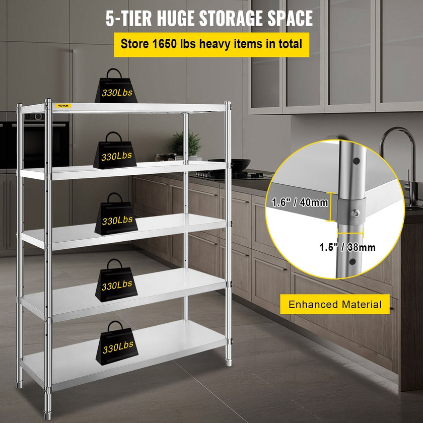 VEVOR Stainless Steel Shelving 48x18.5 Inch 5 Tier Adjustable Shelf Storage Unit Stainless Steel Heavy Duty Shelving for Kitchen Commercial Office Garage Storage 330lb Per Shelf