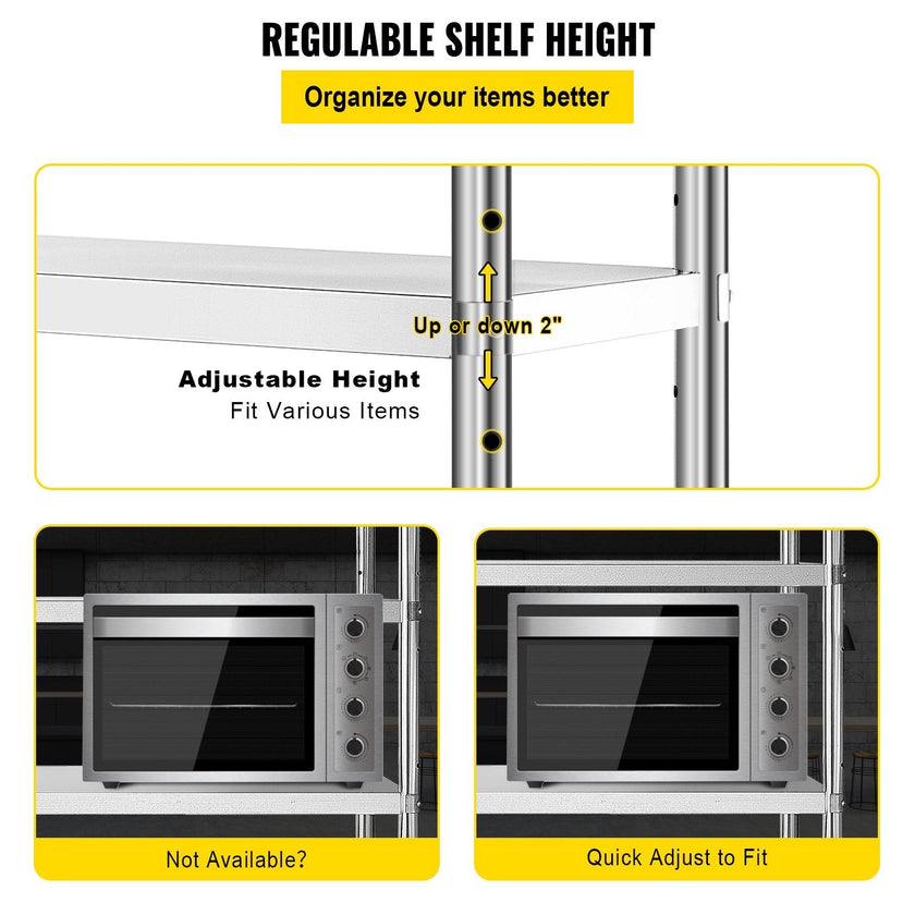VEVOR Stainless Steel Shelving 48x18.5 Inch 5 Tier Adjustable Shelf Storage Unit Stainless Steel Heavy Duty Shelving for Kitchen Commercial Office Garage Storage 330lb Per Shelf