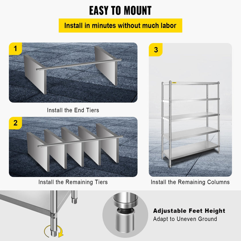 VEVOR Stainless Steel Shelving 48x18.5 Inch 5 Tier Adjustable Shelf Storage Unit Stainless Steel Heavy Duty Shelving for Kitchen Commercial Office Garage Storage 330lb Per Shelf
