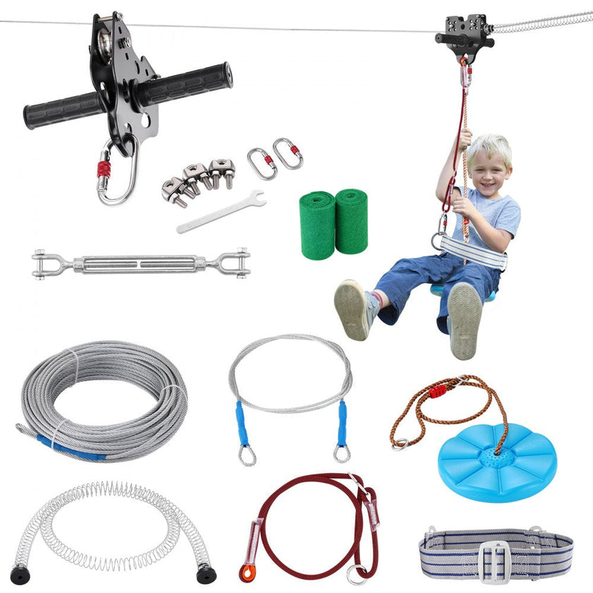 EVOR Zipline Kit for Kids and Adult, 100 ft Zip Line Kits Up to 500 lb, Backyard Outdoor Quick Setup Zipline, Playground Entertainment with Stainless Steel Zipline, Spring Brake, Safety Harness, Seat