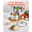 2.5 QT Stainless Steel Saucepan with Steamer Insert & Glass Lid, Tri-Ply Bottom Sauce Pot for Induction, Gas & Electric Cooktops