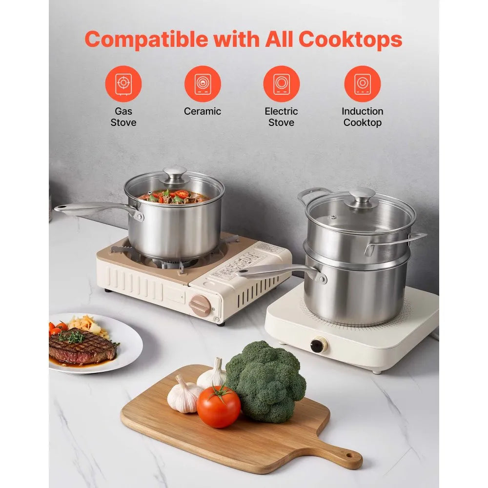2.5 QT Stainless Steel Saucepan with Steamer Insert & Glass Lid, Tri-Ply Bottom Sauce Pot for Induction, Gas & Electric Cooktops