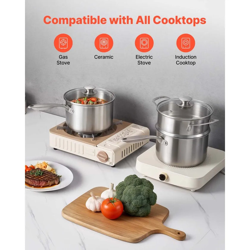 2.5 QT Stainless Steel Saucepan with Steamer Insert & Glass Lid, Tri-Ply Bottom Sauce Pot for Induction, Gas & Electric Cooktops