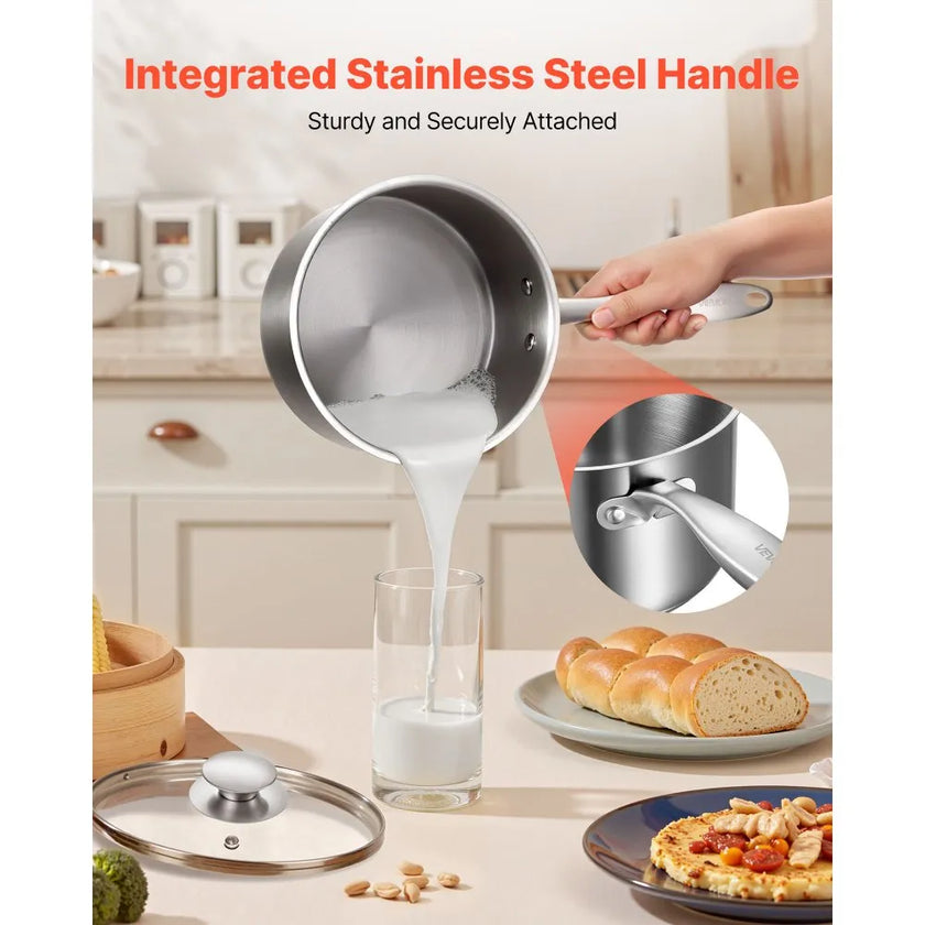 2.5 QT Stainless Steel Saucepan with Steamer Insert & Glass Lid, Tri-Ply Bottom Sauce Pot for Induction, Gas & Electric Cooktops