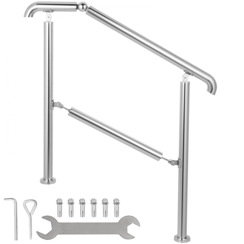 VEVOR 3 Step Railing Stainless Steel Transitional Handrail fit for Level Surface and 1 to 3 Steps Adjustable Stair Railing Indoor Outdoor Step Railings 220lb Capacity W/ Installation Kit Porch DIY