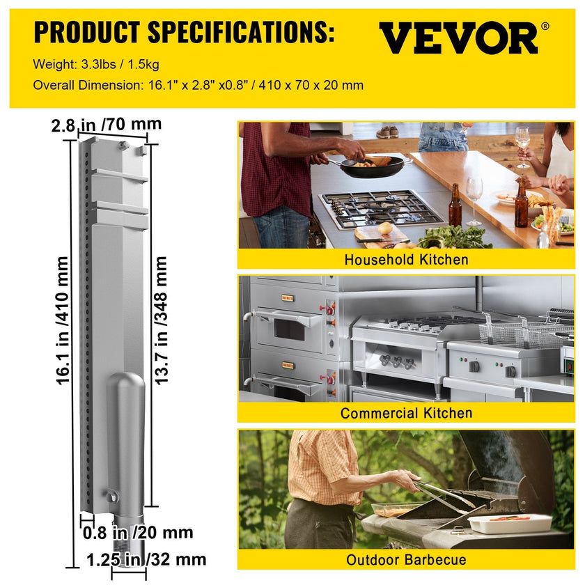 VEVOR Grill Burners, Stainless Steel BBQ Burners Replacement, 1 Pack Grill Burner Replacement, Flame Grill with 16.1\