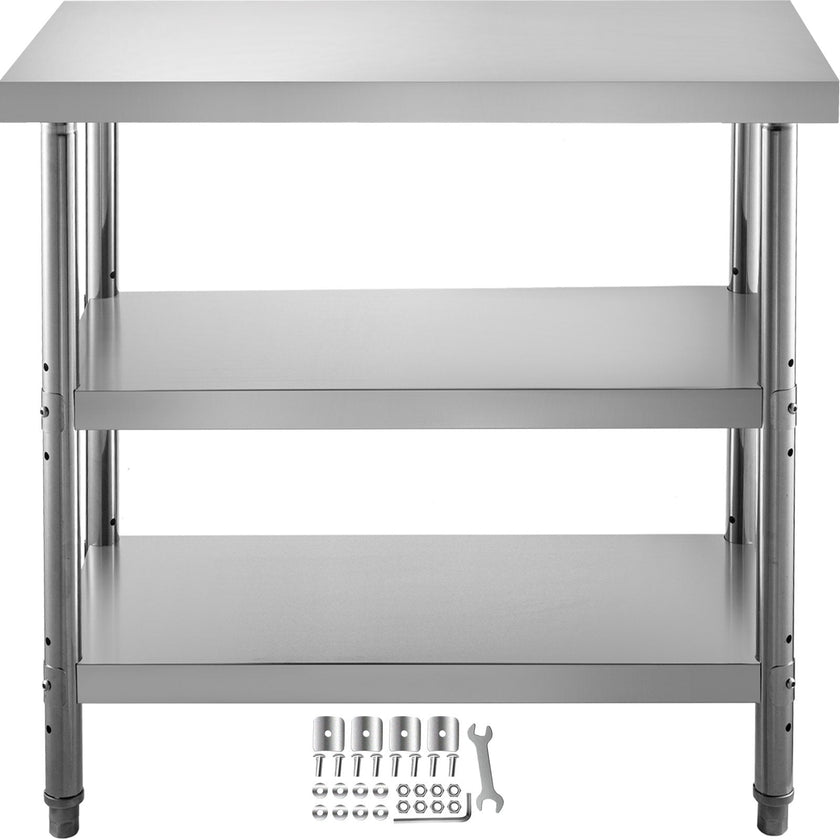 VEVOR Outdoor Food Prep Table, 24x14x33 in Commercial Stainless Steel Table, 2 Adjustable Undershelf BBQ Prep Table, Heavy Duty Kitchen Work Table, for Garage, Home, Warehouse, and Kitchen Silver