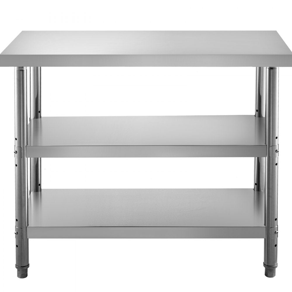 VEVOR Outdoor Food Prep Table, 48x14x33 in Commercial Stainless Steel Table, 2 Adjustable Undershelf BBQ Prep Table, Heavy Duty Kitchen Work Table, for Garage, Home, Warehouse, and Kitchen Silver