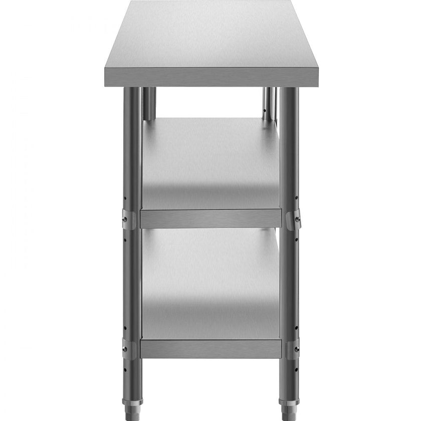 VEVOR Outdoor Food Prep Table, 48x14x33 in Commercial Stainless Steel Table, 2 Adjustable Undershelf BBQ Prep Table, Heavy Duty Kitchen Work Table, for Garage, Home, Warehouse, and Kitchen Silver