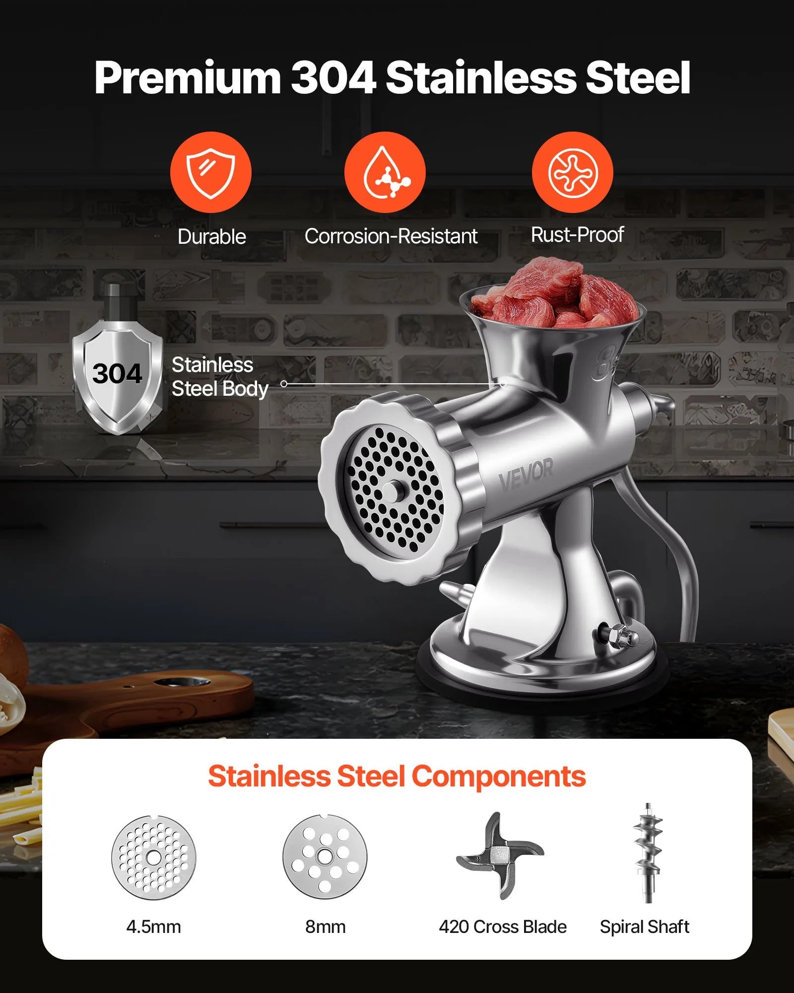 VEVOR Manual Meat Grinder 304 Stainless Steel Meat Grinder with 2 Fixing Method