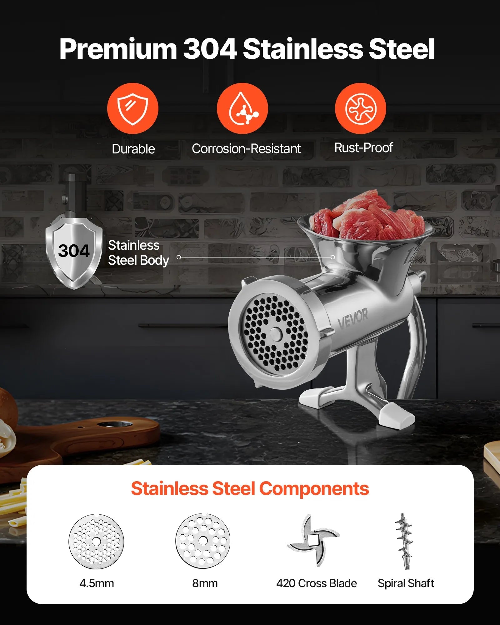 VEVOR Manual Meat Grinder, 304 Stainless Steel Hand Meat Grinder with Steel Table Clamp, Meat Mincer Sausage Maker & 2 Cutting Plates, Cookie Attachment, Sausage Tube for Beef Pepper Mushroom Cookie