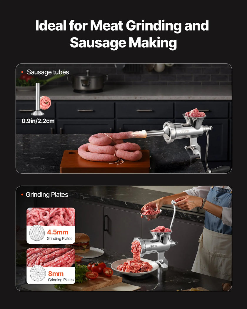 VEVOR Manual Meat Grinder, 304 Stainless Steel Hand Meat Grinder with Steel Table Clamp, Meat Mincer Sausage Maker & 2 Cutting Plates, Cookie Attachment, Sausage Tube for Beef Pepper Mushroom Cookie