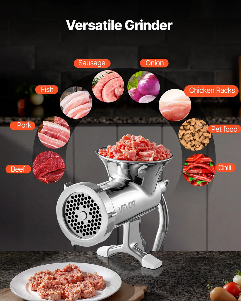 VEVOR Manual Meat Grinder, 304 Stainless Steel Hand Meat Grinder with Steel Table Clamp, Meat Mincer Sausage Maker & 2 Cutting Plates, Cookie Attachment, Sausage Tube for Beef Pepper Mushroom Cookie
