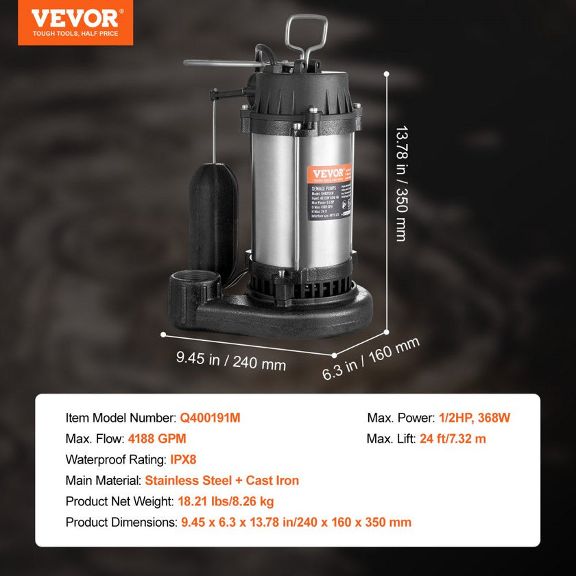 VEVOR Submersible Sewage Pump Water Pump 0.5HP 4188GPH 24 ft Lift for Basement