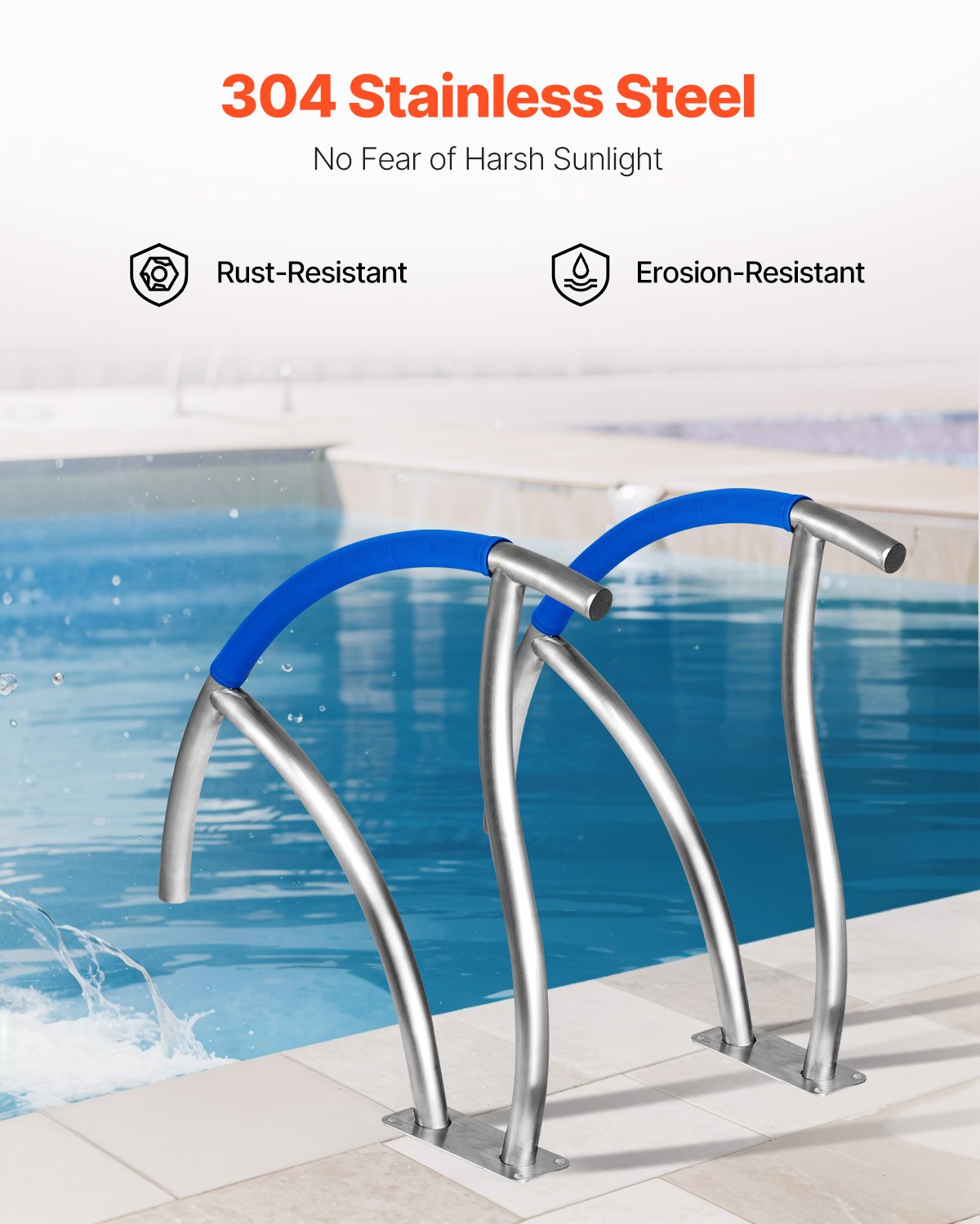 VEVOR Swimming Pool Handrail Ladder Handrail Stainless Steel Rail w/ Base Plate