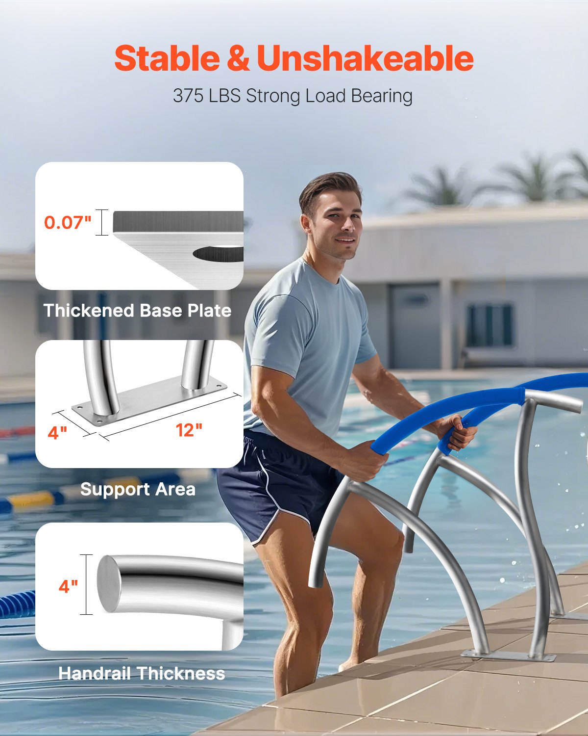 VEVOR Swimming Pool Handrail Ladder Handrail Stainless Steel Rail w/ Base Plate