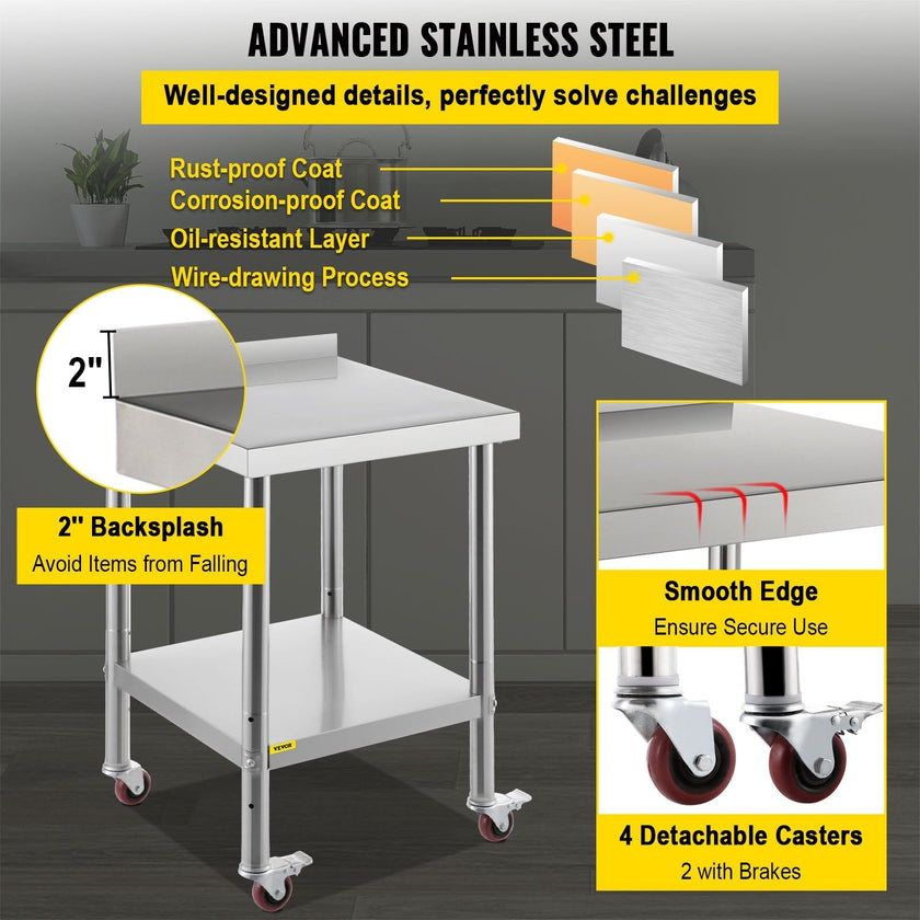 VEVOR Stainless Steel Prep Table, 24 x 24 x 35 Inch, 440lbs Load Capacity Heavy Duty Metal Worktable with Backsplash Adjustable Undershelf & 4 Casters, Commercial Workstation for Kitchen Restaurant