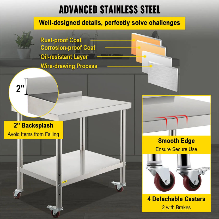 VEVOR Stainless Steel Prep Table, 30 x 24 x 35 Inch, 440lbs Load Capacity Heavy Duty Metal Worktable with Backsplash Adjustable Undershelf & 4 Casters, Commercial Workstation for Kitchen Restaurant