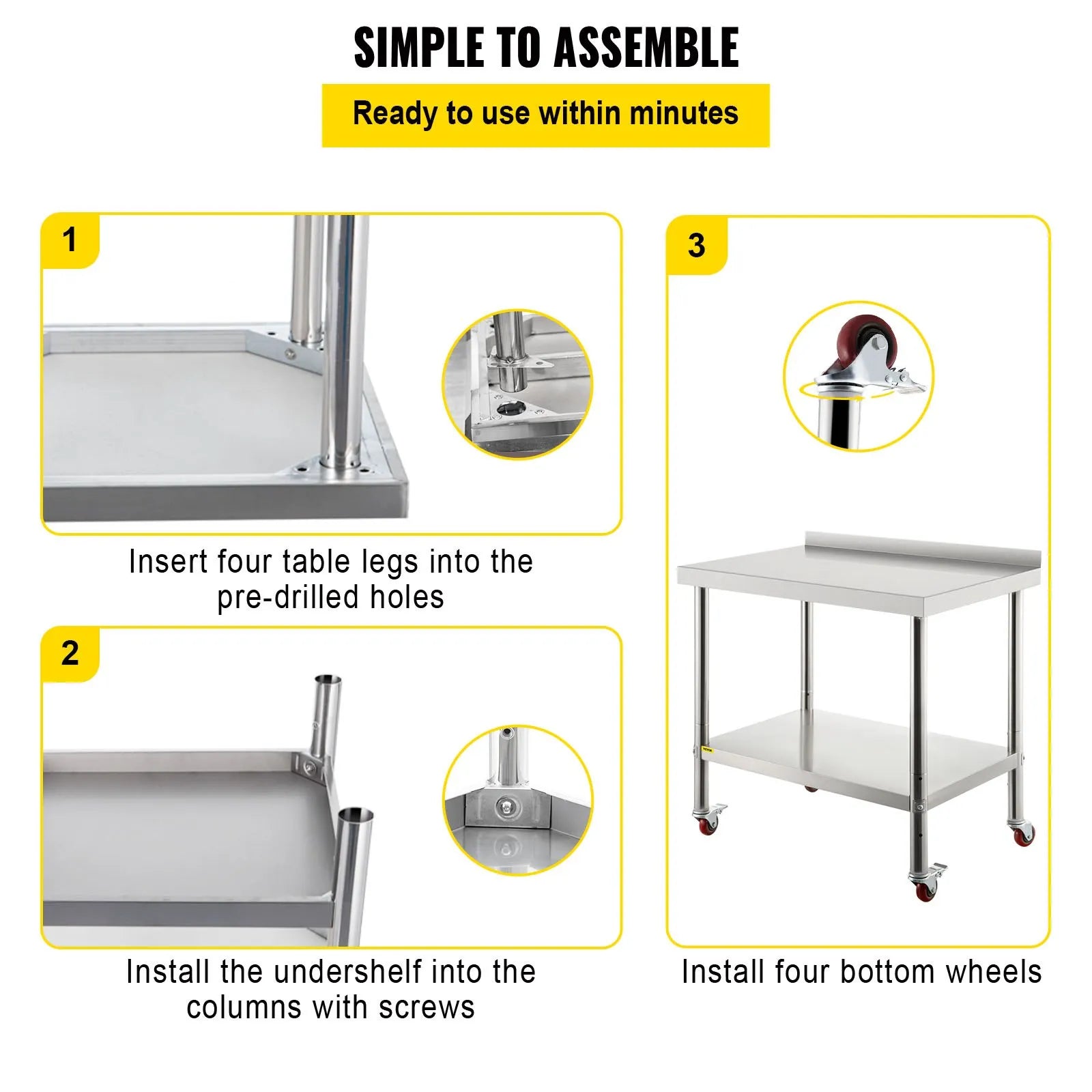 VEVOR Stainless Steel Prep Table, 30 x 24 x 35 Inch, 440lbs Load Capacity Heavy Duty Metal Worktable with Backsplash Adjustable Undershelf & 4 Casters, Commercial Workstation for Kitchen Restaurant