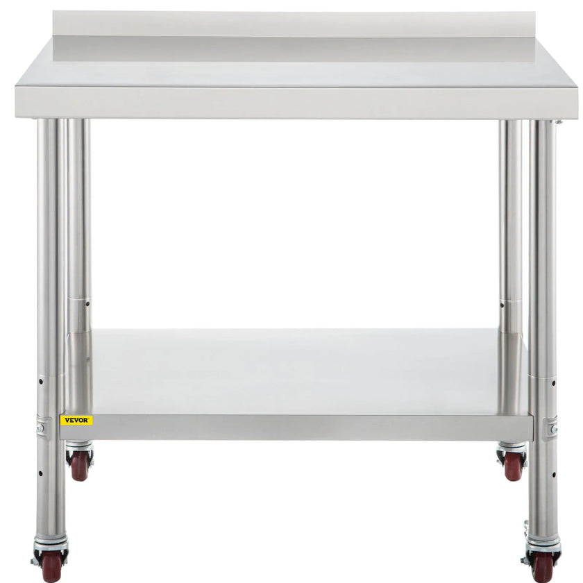 VEVOR Stainless Steel Prep Table, 30 x 24 x 35 Inch, 440lbs Load Capacity Heavy Duty Metal Worktable with Backsplash Adjustable Undershelf & 4 Casters, Commercial Workstation for Kitchen Restaurant
