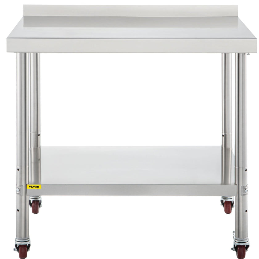 VEVOR Stainless Steel Prep Table, 36 x 24 x 35 Inch, 440lbs Load Capacity Heavy Duty Metal Worktable with Backsplash Adjustable Undershelf & 4 Casters, Commercial Workstation for Kitchen Restaurant