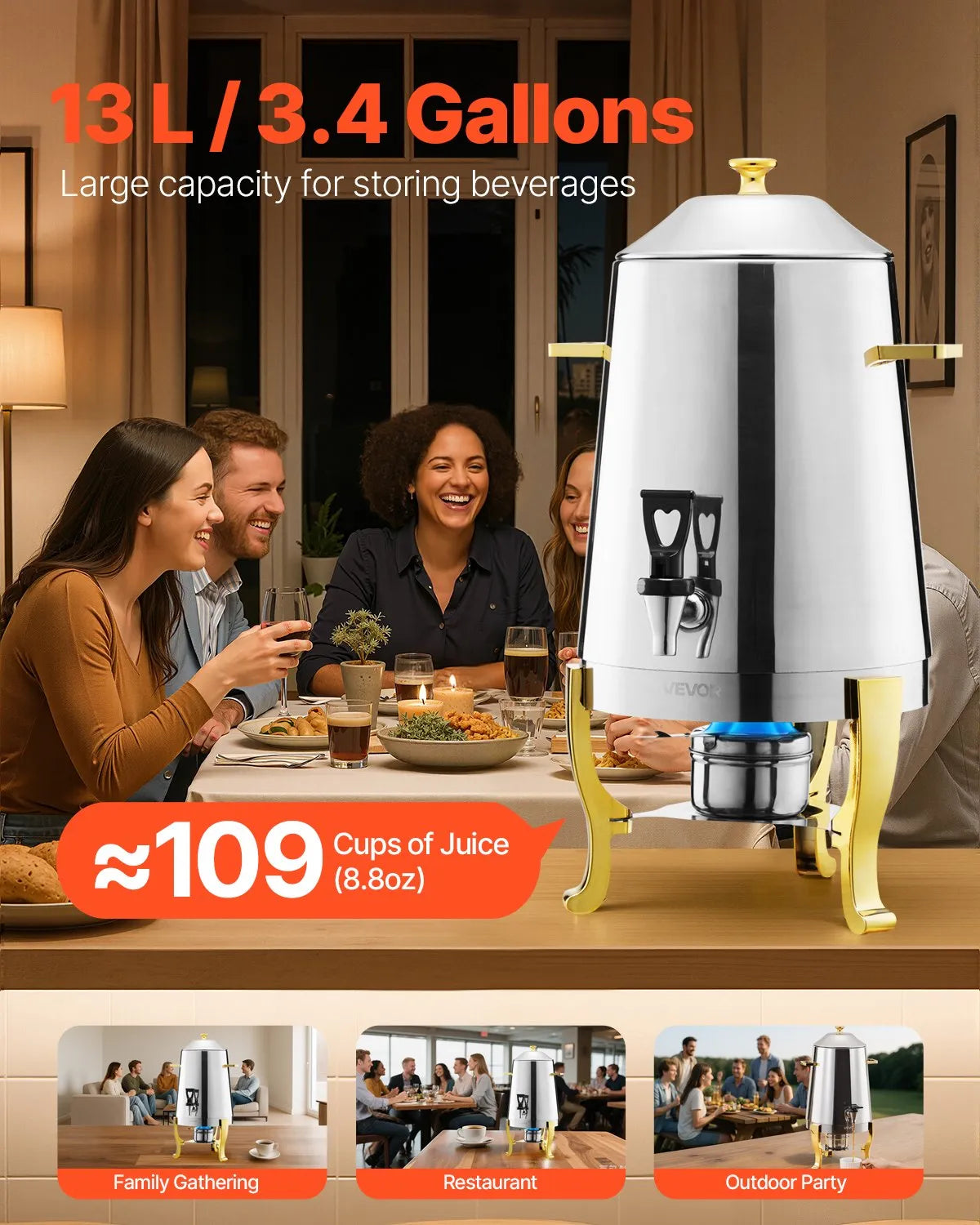VEVOR Stainless Steel Hot Tea & Cold Drink Dispenser 3.4 Gal Beverage Dispenser