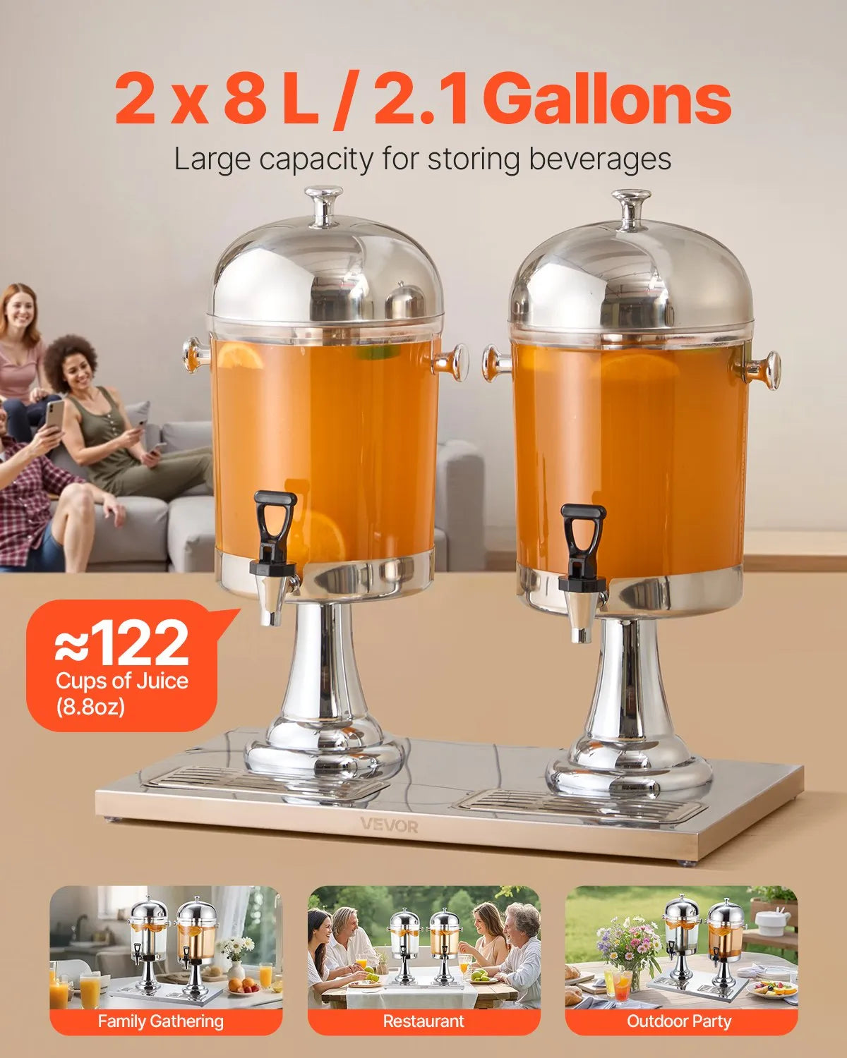 VEVOR Drink Dispenser 2.1 Gal x 2 Beverage Dispenser for Party with Spigot Tray
