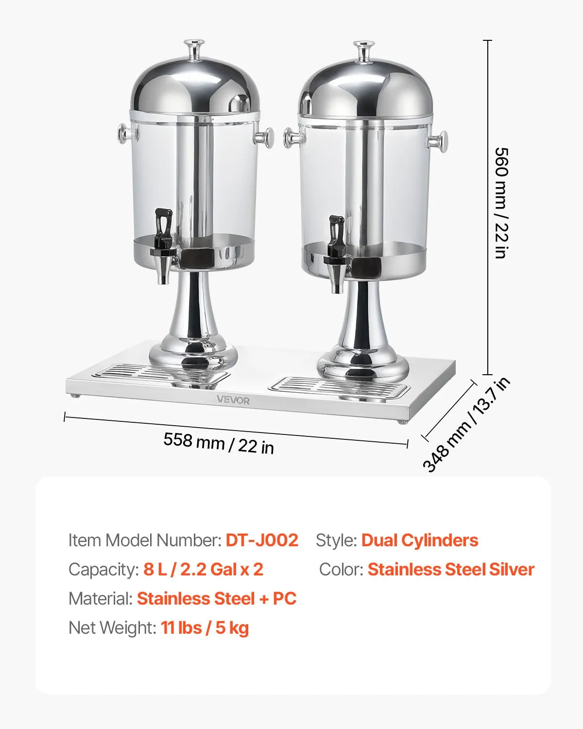 VEVOR Drink Dispenser 2.1 Gal x 2 Beverage Dispenser for Party with Spigot Tray