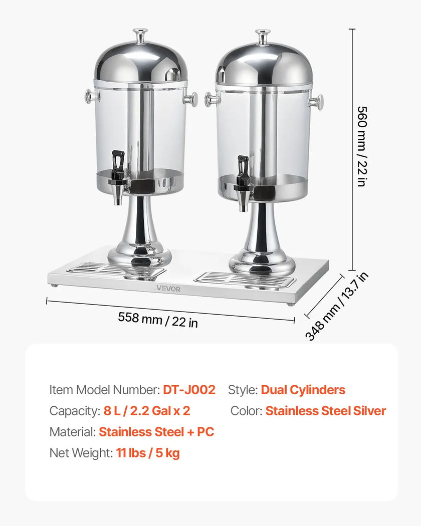 VEVOR Drink Dispenser 2.1 Gal x 2 Beverage Dispenser for Party with Spigot Tray