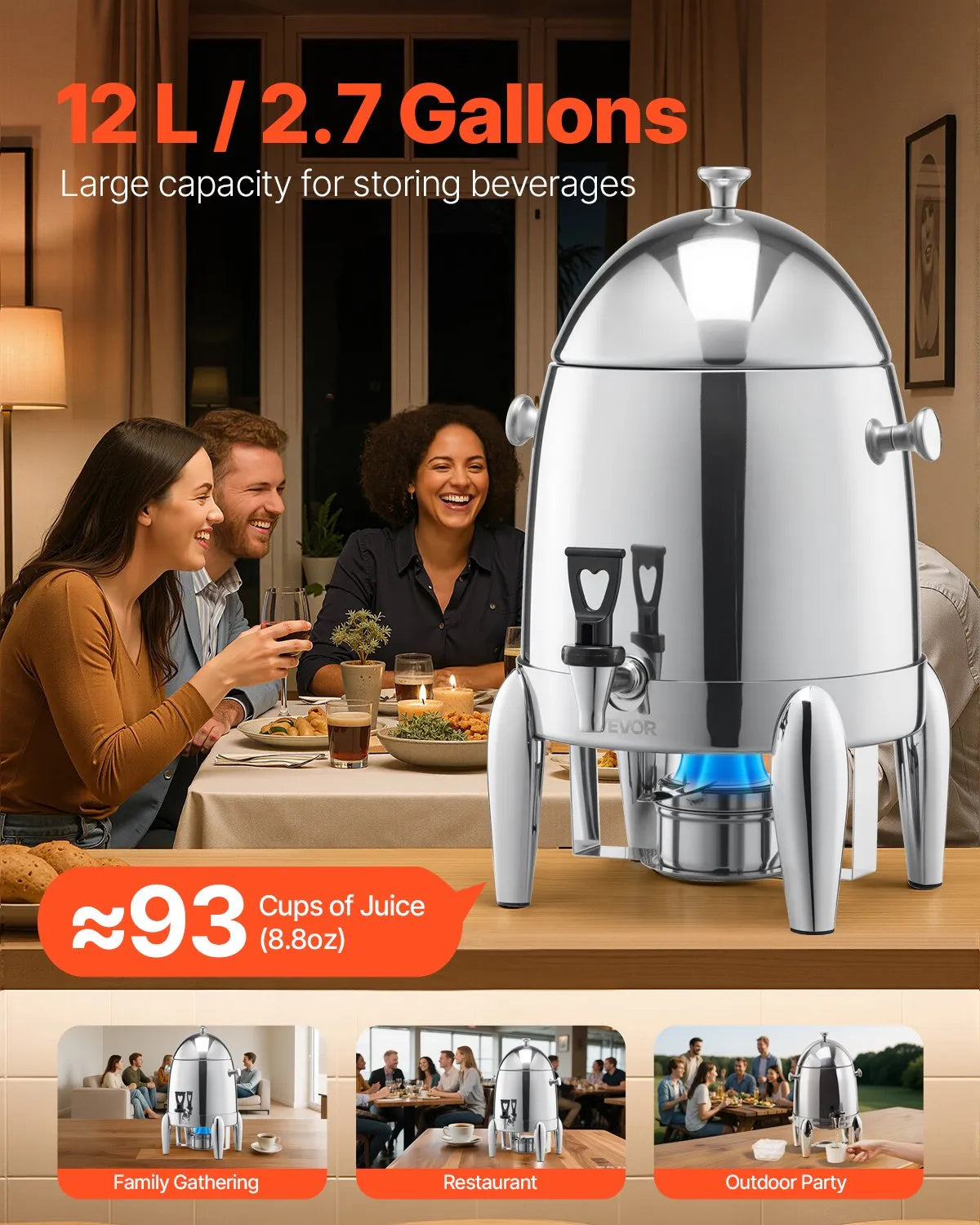 VEVOR Stainless Steel Hot Tea & Cold Drink Dispenser 2.7 Gal Beverage Dispenser