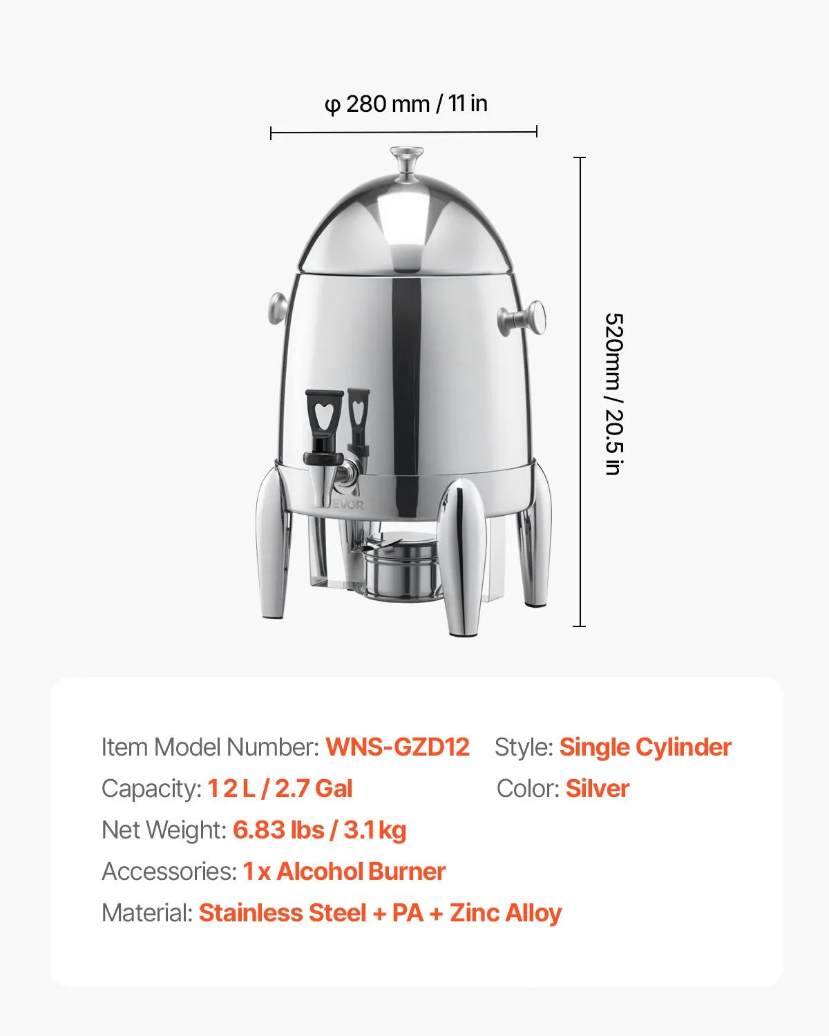 VEVOR Stainless Steel Hot Tea & Cold Drink Dispenser 2.7 Gal Beverage Dispenser