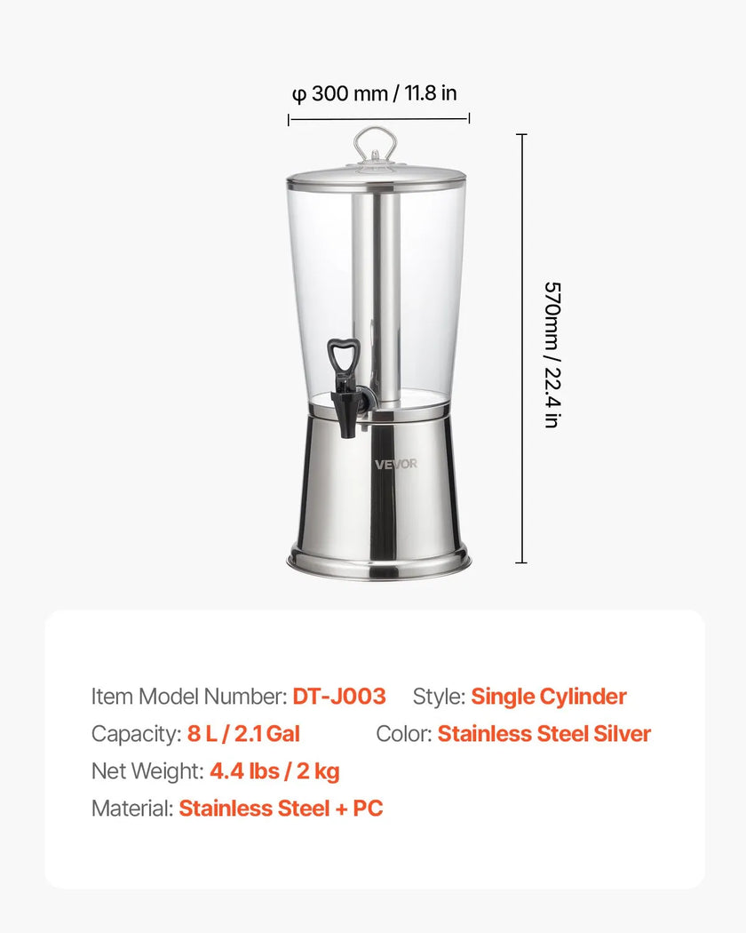 VEVOR Drink Dispenser 2.1 Gal Beverage Dispenser for Party w/ Spigot Ice Chamber