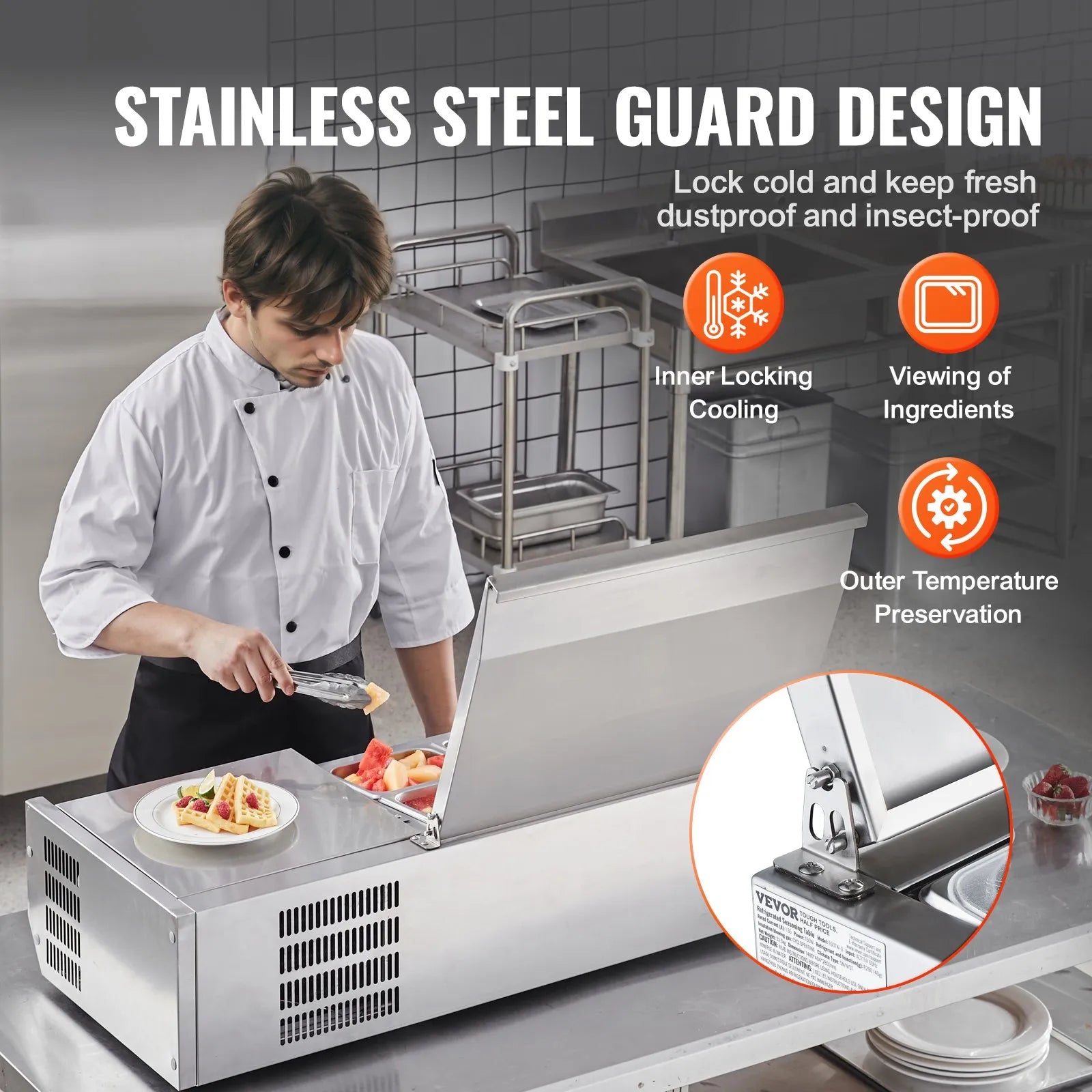 VEVOR Refrigerated Condiment Prep Station, 130 W Countertop Refrigerated Condiment Station, with 1 1/3 Pan & 4 1/6 Pans, 304 Stainless Body and PC Lid, Sandwich Prep Table with Stainless Guard, ETL
