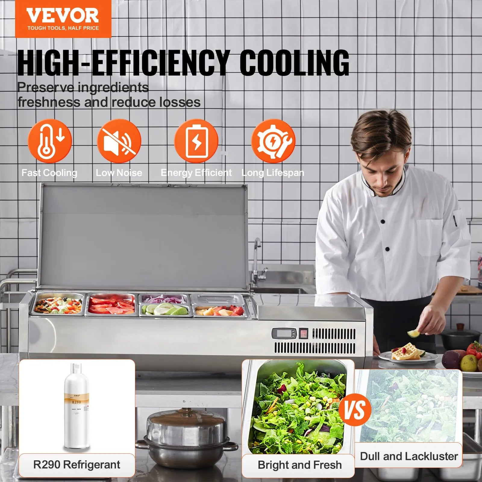 VEVOR Countertop Refrigerated Salad Pizza Prep Station 135 W Stainless Guard ETL