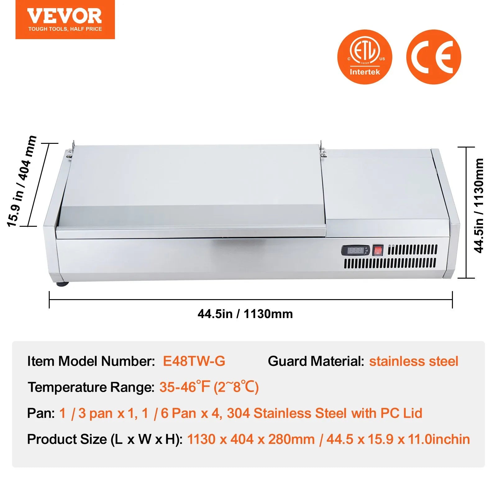 VEVOR Countertop Refrigerated Salad Pizza Prep Station 135 W Stainless Guard ETL