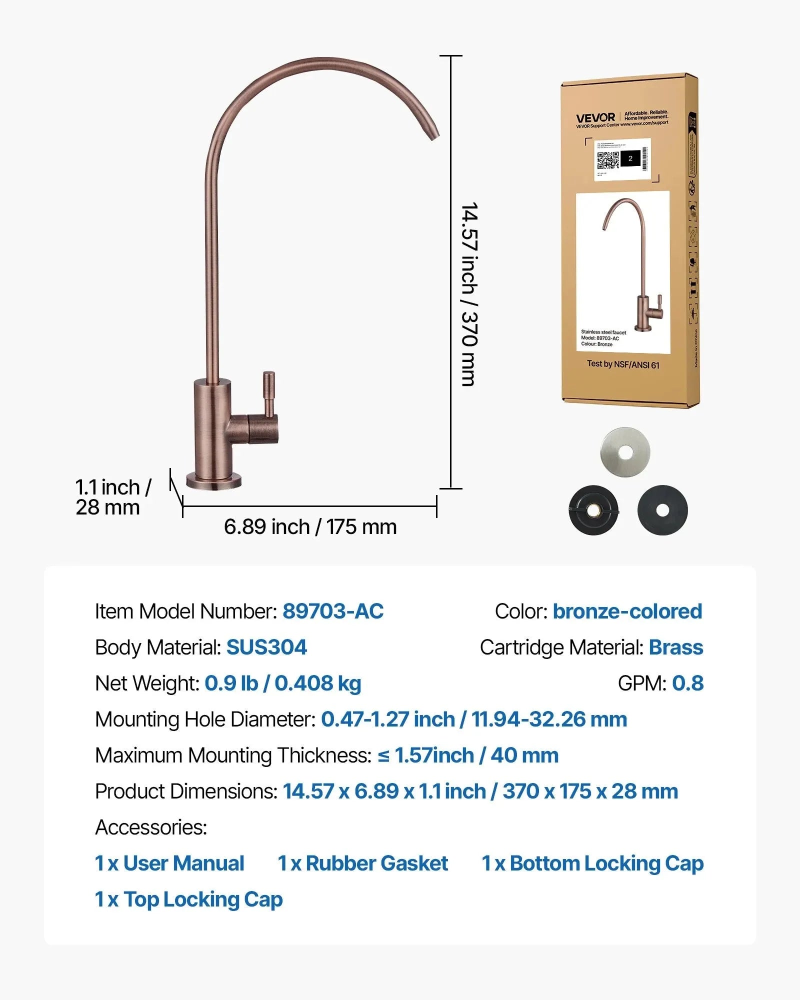 VEVOR Ro Water Faucet, Lead-Free Stainless Steel Faucet, Drinking Water Faucets with Solid Brass Valve, Anti-Rust & Durability Drinking Water Faucets For Kitchen, Bar Counter, Cafe, Antique Bronze