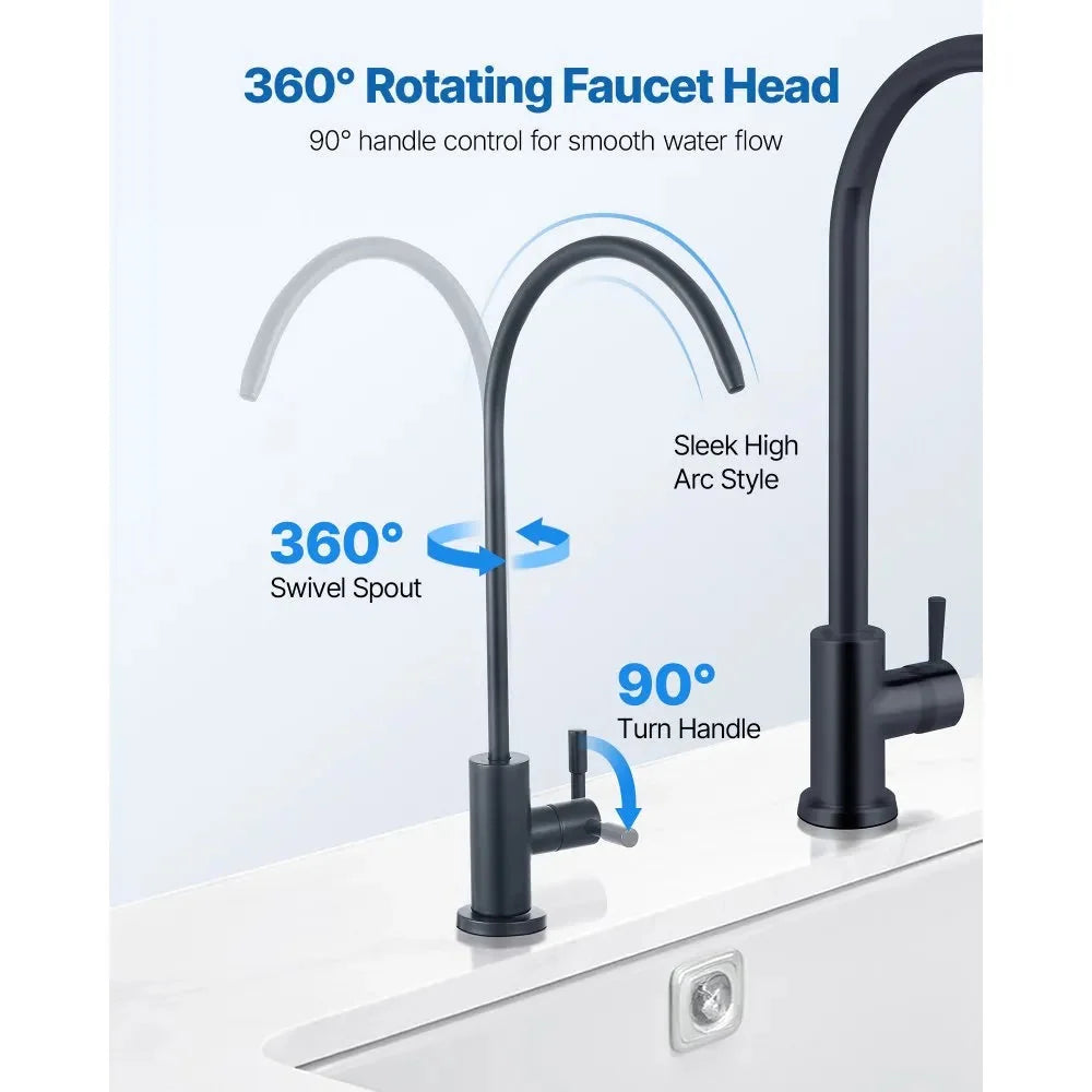 VEVOR Stainless Steel Faucet, Lead-Free Water Purifier Faucets, Reverse Osmosis Faucet with Solid Brass Valve, High Arch Drinking Water Faucets For Kitchen Sink, Bar Counter, Cafe Shop, Matte Black