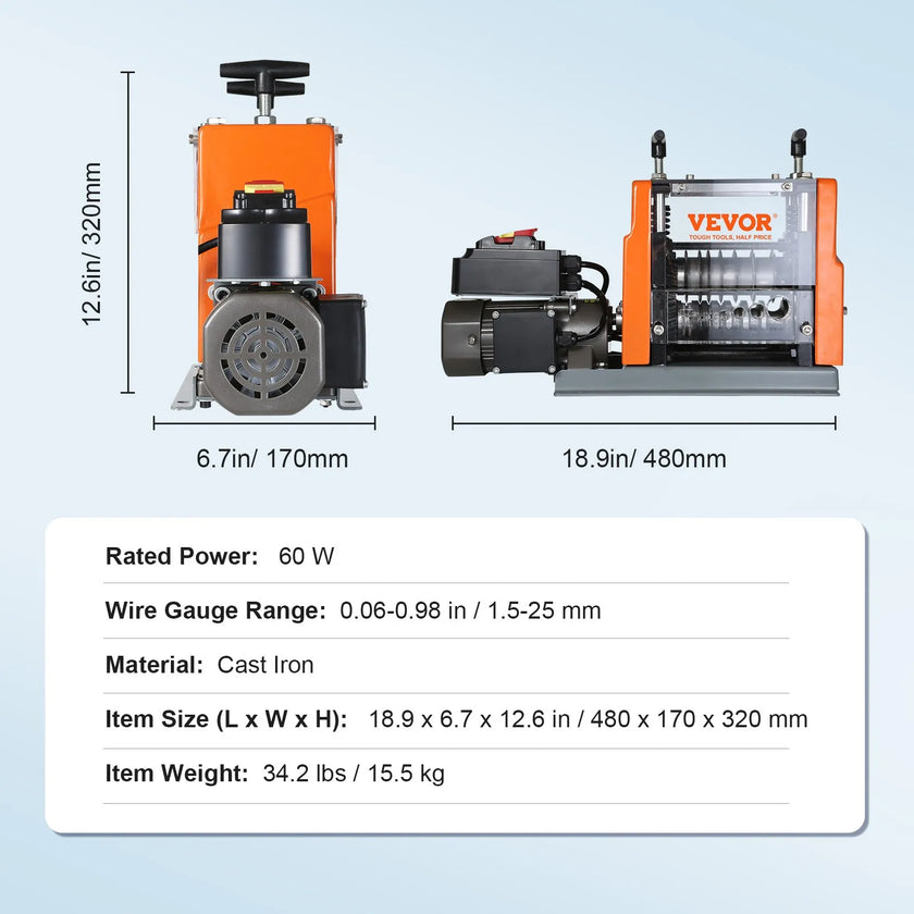 VEVOR Automatic Wire Stripping Machine, 0.06''-0.98'' Electric Motorized Cable Stripper, 60 W, Wire Peeler with Visible Stripping Depth Reference, 6 Round & 1 Flat Channels for Scrap Copper Recycling