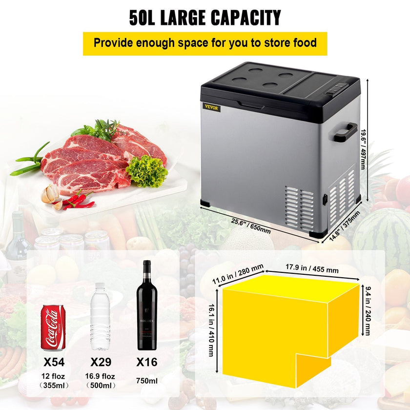 VEVOR Car Refrigerator, 53 Qt, 12v Portable Freezer with Single Zone, 12/24V DC & 110-240V AC Electric Compressor Cooler w/ -4?-68? Cooling Range, for Car Truck Vehicle RV Boat Outdoor & Home use