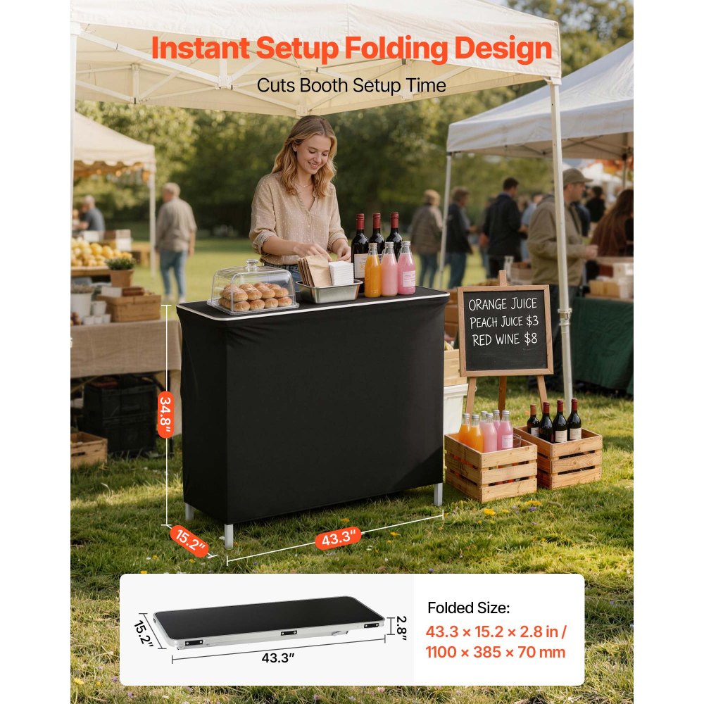 Folding Portable Bar Table with Dual Storage Shelves & Carry Bag