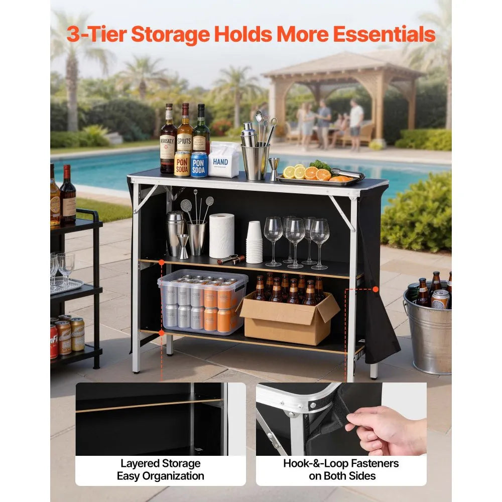 Folding Portable Bar Table with Dual Storage Shelves & Carry Bag