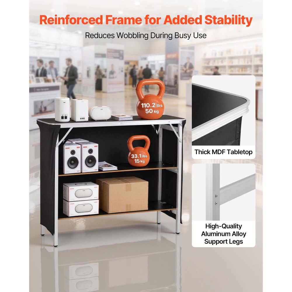 Folding Portable Bar Table with Dual Storage Shelves & Carry Bag