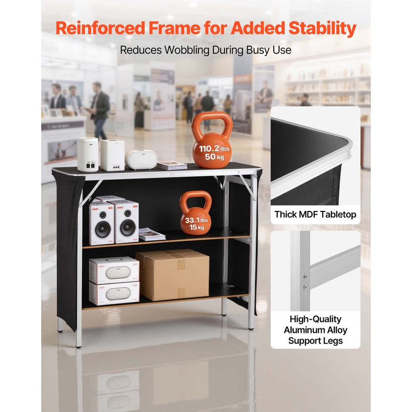 Folding Portable Bar Table with Dual Storage Shelves & Carry Bag