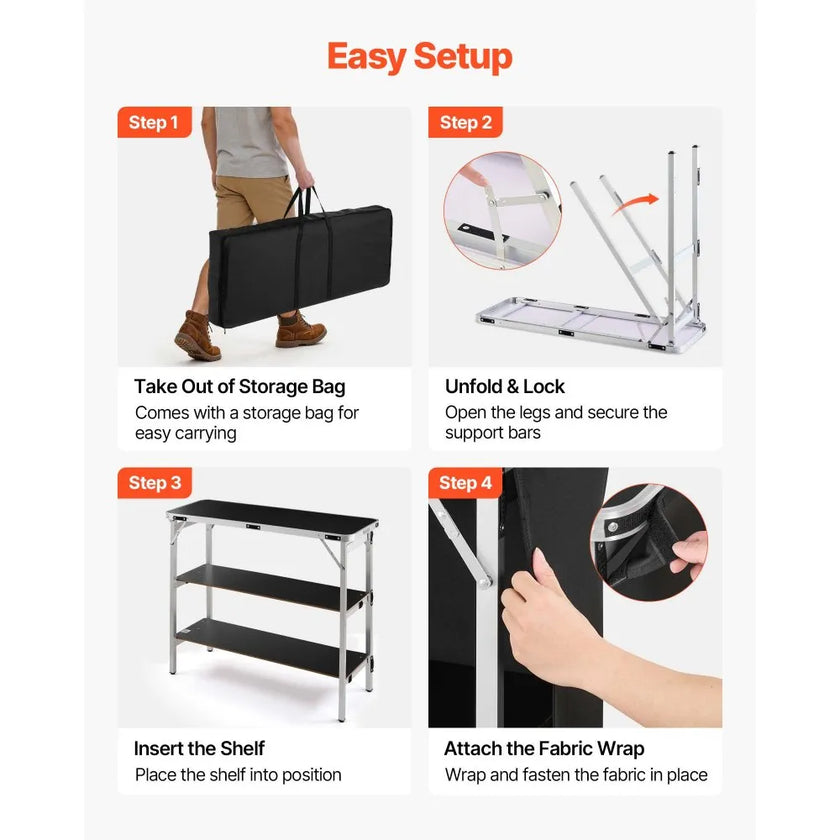 Folding Portable Bar Table with Dual Storage Shelves & Carry Bag