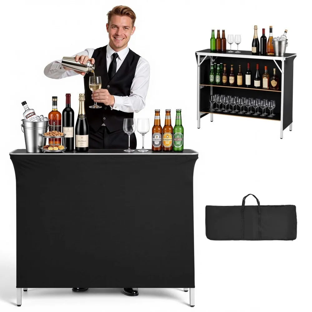 Folding Portable Bar Table with Dual Storage Shelves & Carry Bag