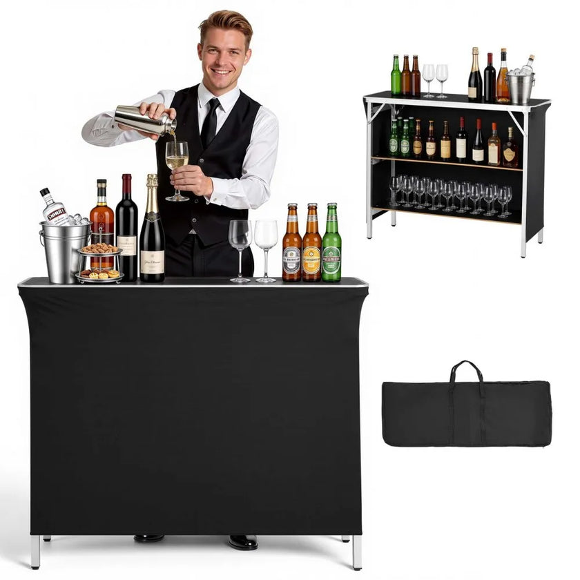 Folding Portable Bar Table with Dual Storage Shelves & Carry Bag